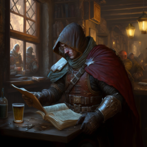 Artistic version of a LARPer looking at rules